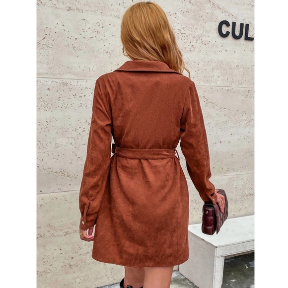 Corduroy Rust Brown Casual Button Up Shirt Style Belted Mini Dress Long Sleeves - Picture 3 of 13